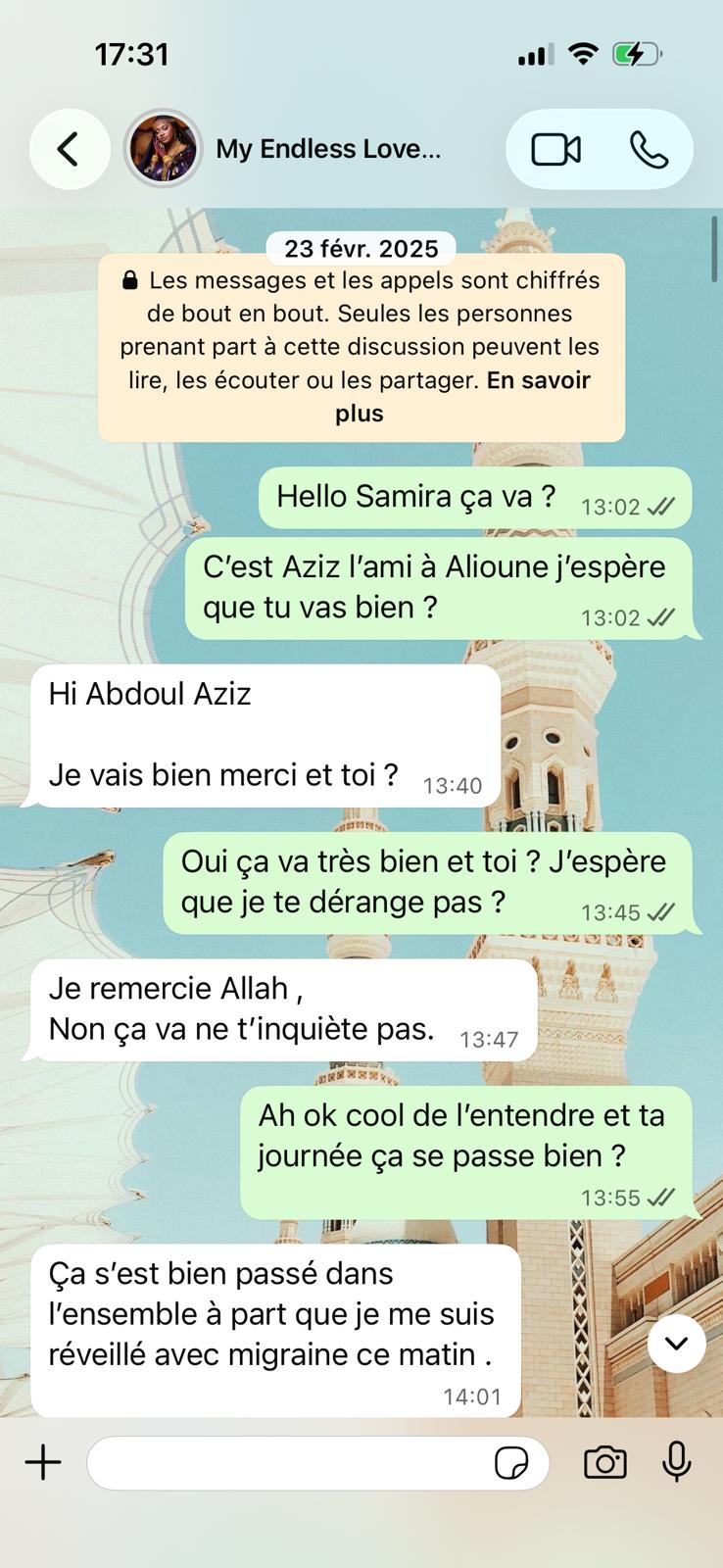 23 février 2025, le tout premier message : Hello Samira, ça va ?